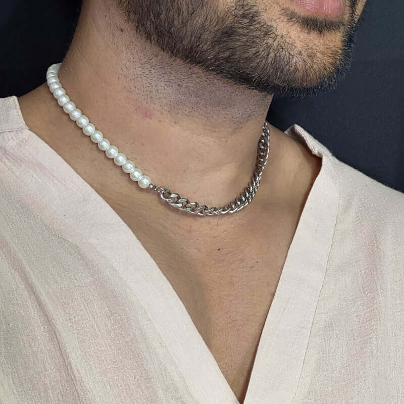THE MEN THING Pearl / Bead Necklace OPULENT ORBIT - Stylish Pearl Necklace with Cuban Chain Fusion Necklaces for Men and Boys (17 Inch)