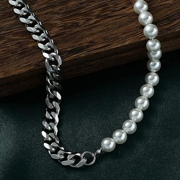 THE MEN THING Pearl / Bead Necklace OPULENT ORBIT - Stylish Pearl Necklace with Cuban Chain Fusion Necklaces for Men and Boys (17 Inch)