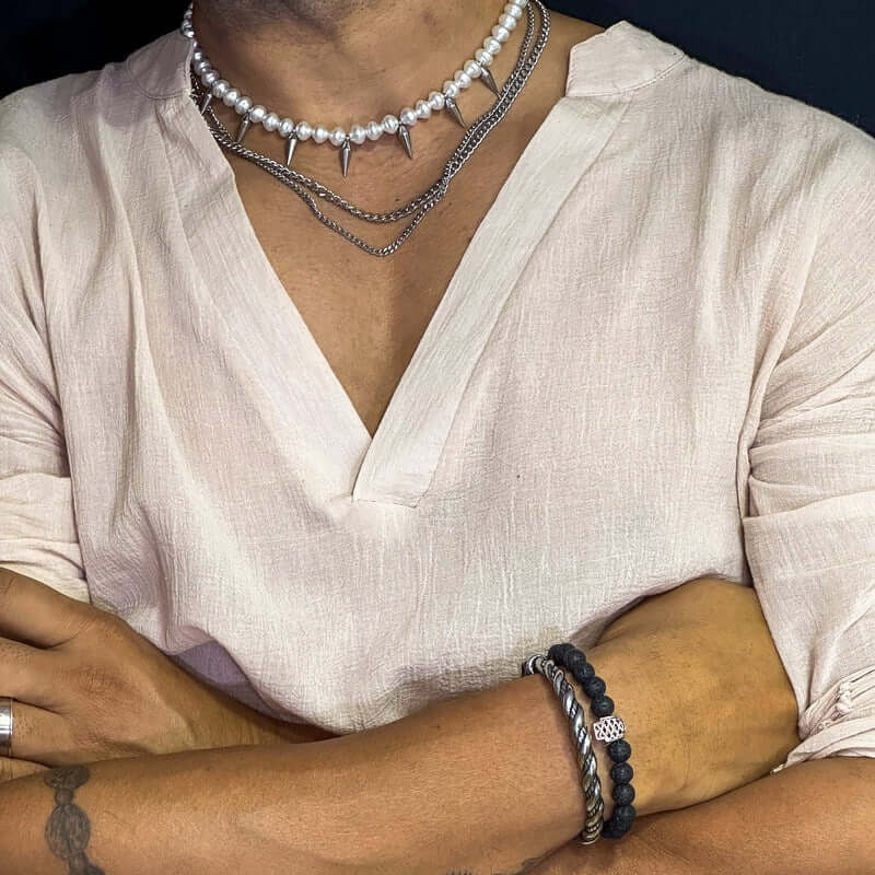 THE MEN THING Pearl / Bead Necklace PRISMATIC PEARL ARMORY - Pearl Necklace with Man Stainless Steel Cuban Chain Spikes Pendant Necklace for Men & Boys (18 - 21 Inch)