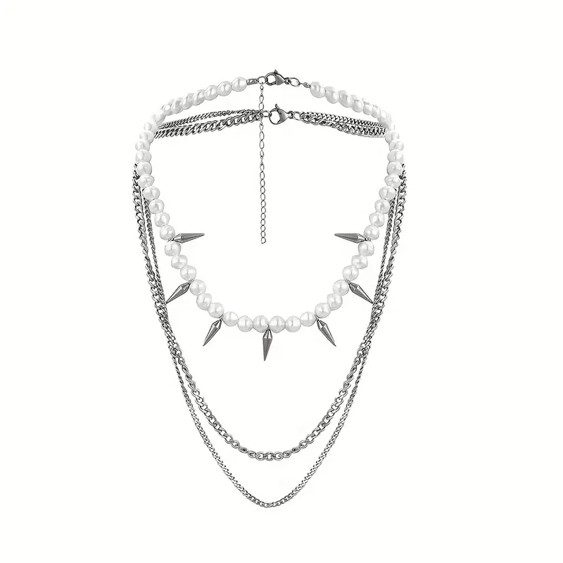 THE MEN THING Pearl / Bead Necklace PRISMATIC PEARL ARMORY - Pearl Necklace with Man Stainless Steel Cuban Chain Spikes Pendant Necklace for Men & Boys (18 - 21 Inch)
