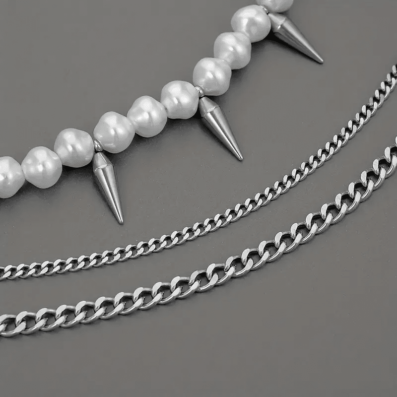 THE MEN THING Pearl / Bead Necklace PRISMATIC PEARL ARMORY - Pearl Necklace with Man Stainless Steel Cuban Chain Spikes Pendant Necklace for Men & Boys (18 - 21 Inch)