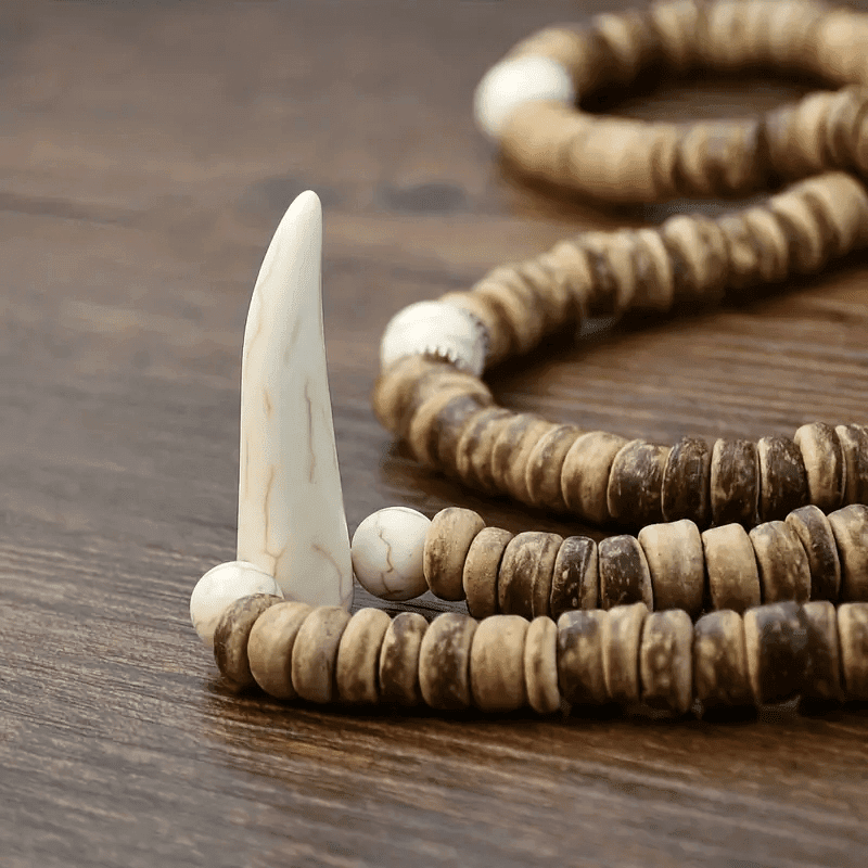 THE MEN THING Pearl / Bead Necklace TRIBAL COCONUT WHITE HORN - Beaded Necklace with stone beads Horn Tooth Pendants for Mens & Boys (24 inch)