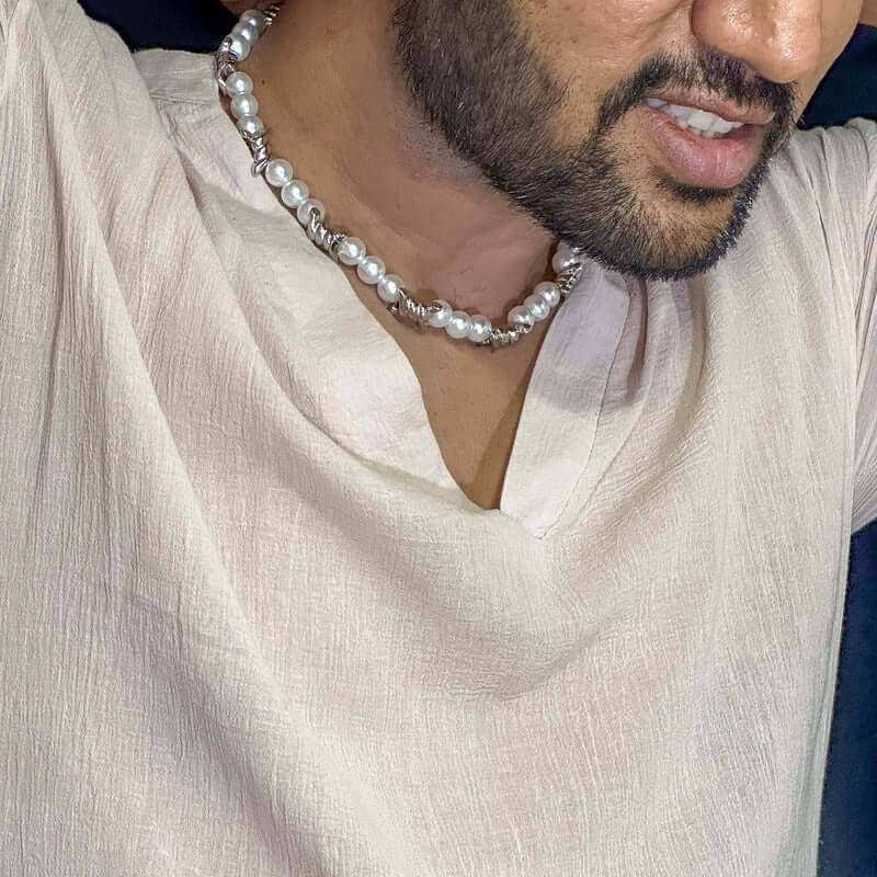 THE MEN THING Pearl / Bead Necklace TWISTED KNOT - Italian Styled Pearl with Twist Metal Knot Choker Necklaces for men and boys (20 Inch)