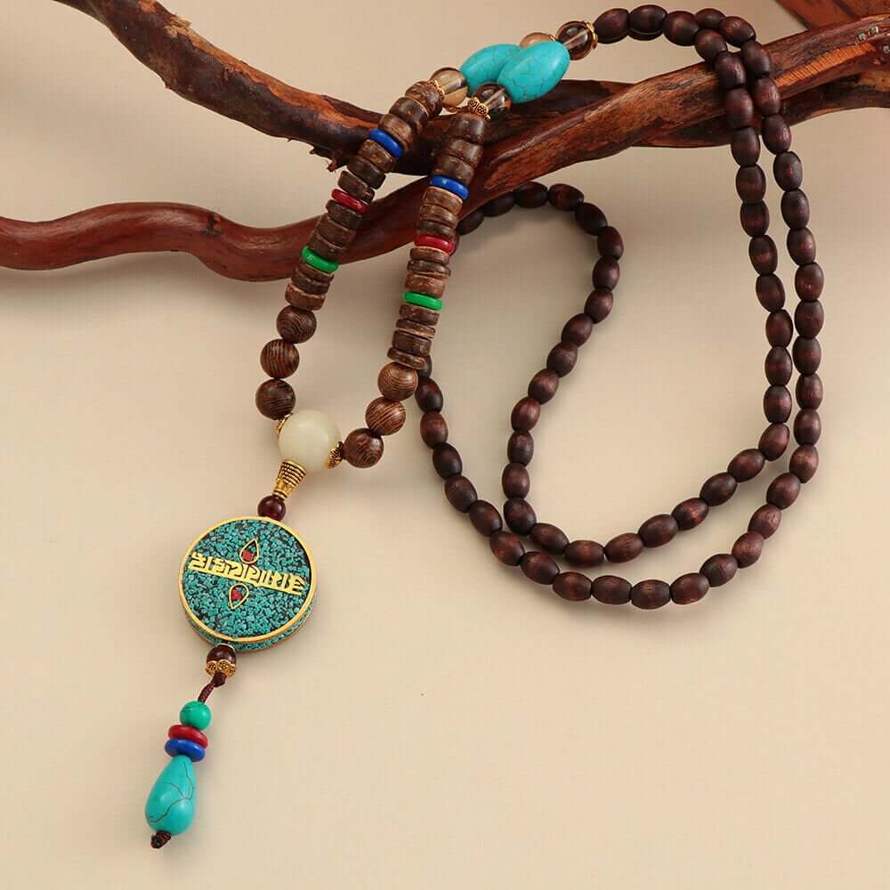 THE MEN THING Pearl / Bead Necklace VERDANT - Stylish Wood Bead Long Necklace with Blue Pendant for Men & Boys (36 Inch)