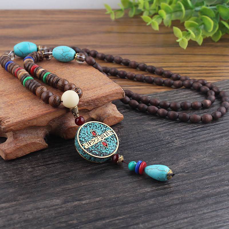 THE MEN THING Pearl / Bead Necklace VERDANT - Stylish Wood Bead Long Necklace with Blue Pendant for Men & Boys (36 Inch)
