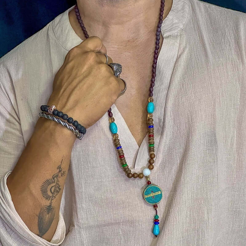 THE MEN THING Pearl / Bead Necklace VERDANT - Stylish Wood Bead Long Necklace with Blue Pendant for Men & Boys (36 Inch)