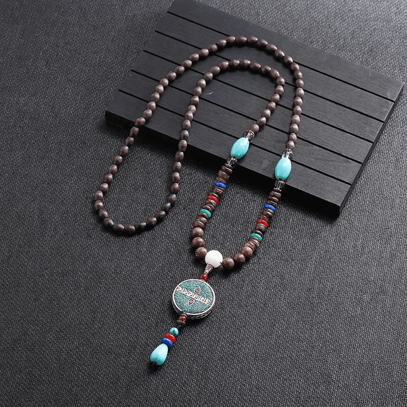 THE MEN THING Pearl / Bead Necklace VERDANT - Stylish Wood Bead Long Necklace with Blue Pendant for Men & Boys (36 Inch)