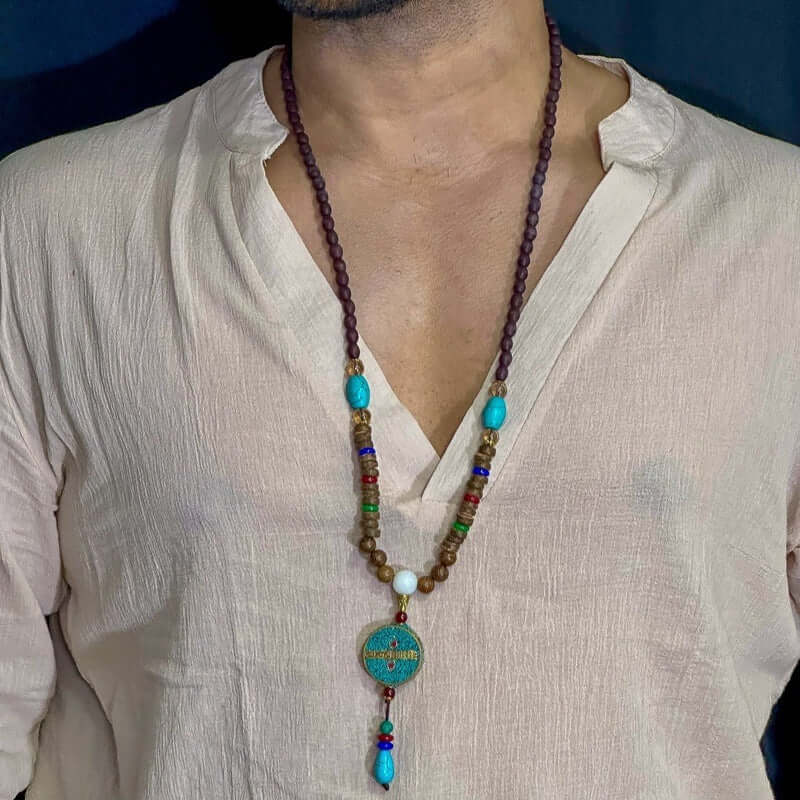 THE MEN THING Pearl / Bead Necklace VERDANT - Stylish Wood Bead Long Necklace with Blue Pendant for Men & Boys (36 Inch)