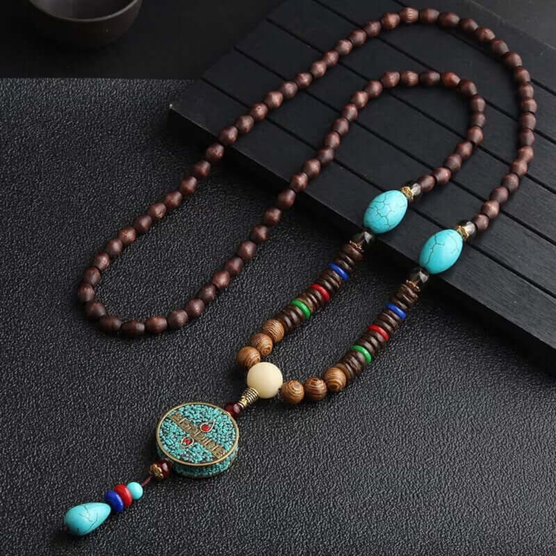 THE MEN THING Pearl / Bead Necklace VERDANT - Stylish Wood Bead Long Necklace with Blue Pendant for Men & Boys (36 Inch)