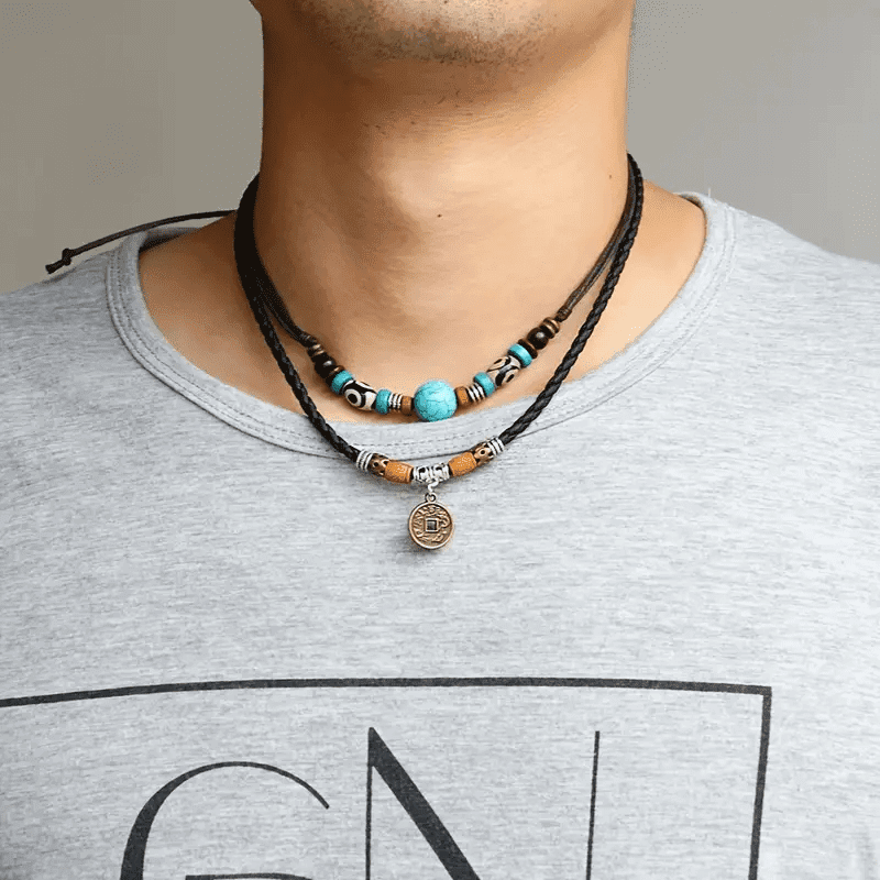THE MEN THING Pearl / Bead Necklace VINTAGE RETRO COIN - Two-Layered Necklace With Wax Rope And Faux Adjustable Necklace For Men And Boys.