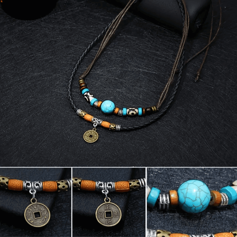 THE MEN THING Pearl / Bead Necklace VINTAGE RETRO COIN - Two-Layered Necklace With Wax Rope And Faux Adjustable Necklace For Men And Boys.