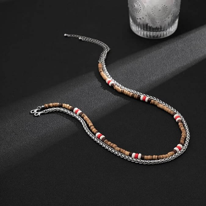 THE MEN THING Pearl / Bead Necklace WENGE WOOD MULTI-LAYERED - Natural Wood Beaded Necklace with Twisted Steel Link Chain for Mens & Boys (22 and 24 inch with adjustable cable chain)