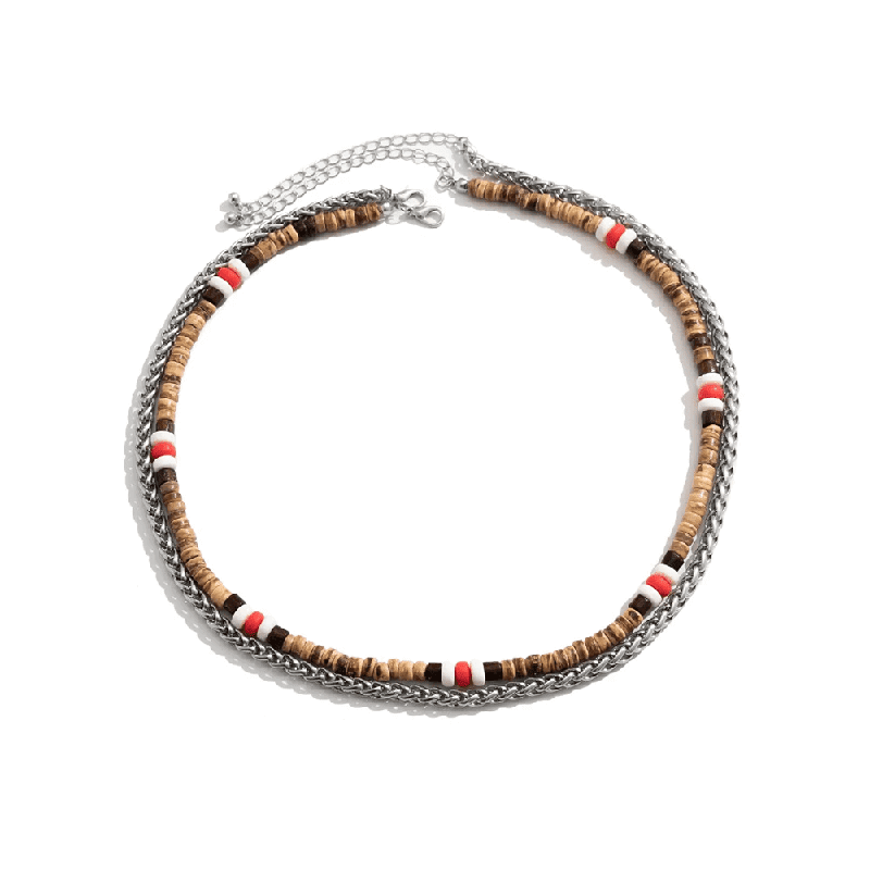 THE MEN THING Pearl / Bead Necklace WENGE WOOD MULTI-LAYERED - Natural Wood Beaded Necklace with Twisted Steel Link Chain for Mens & Boys (22 and 24 inch with adjustable cable chain)