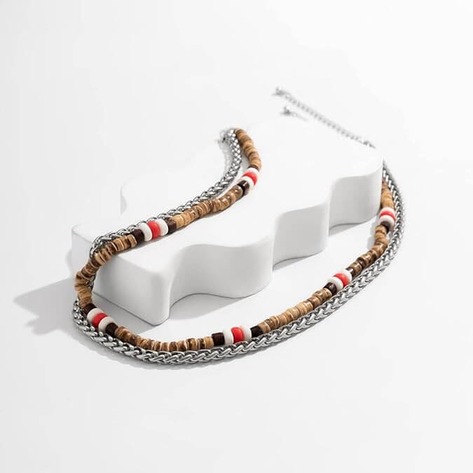 THE MEN THING Pearl / Bead Necklace WENGE WOOD MULTI-LAYERED - Natural Wood Beaded Necklace with Twisted Steel Link Chain for Mens & Boys (22 and 24 inch with adjustable cable chain)
