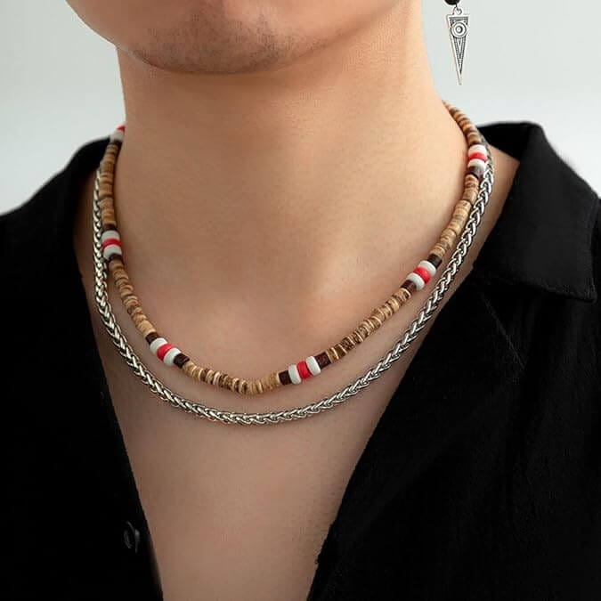 THE MEN THING Pearl / Bead Necklace WENGE WOOD MULTI-LAYERED - Natural Wood Beaded Necklace with Twisted Steel Link Chain for Mens & Boys (22 and 24 inch with adjustable cable chain)