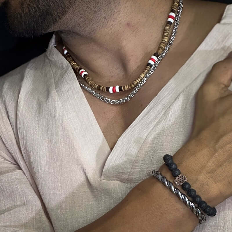 THE MEN THING Pearl / Bead Necklace WENGE WOOD MULTI-LAYERED - Natural Wood Beaded Necklace with Twisted Steel Link Chain for Mens & Boys (22 and 24 inch with adjustable cable chain)