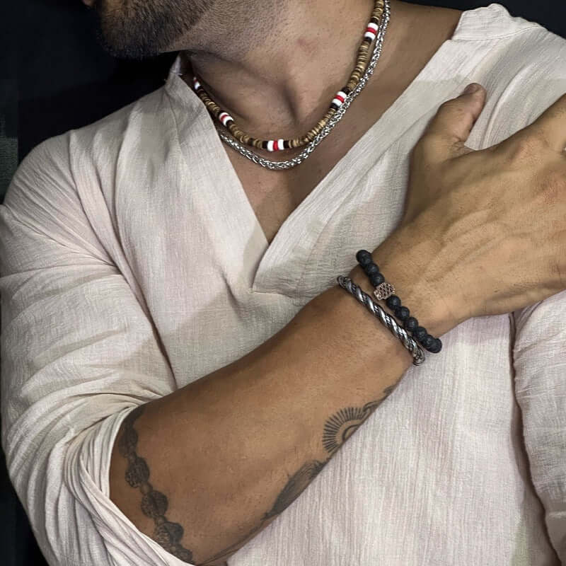 THE MEN THING Pearl / Bead Necklace WENGE WOOD MULTI-LAYERED - Natural Wood Beaded Necklace with Twisted Steel Link Chain for Mens & Boys (22 and 24 inch with adjustable cable chain)