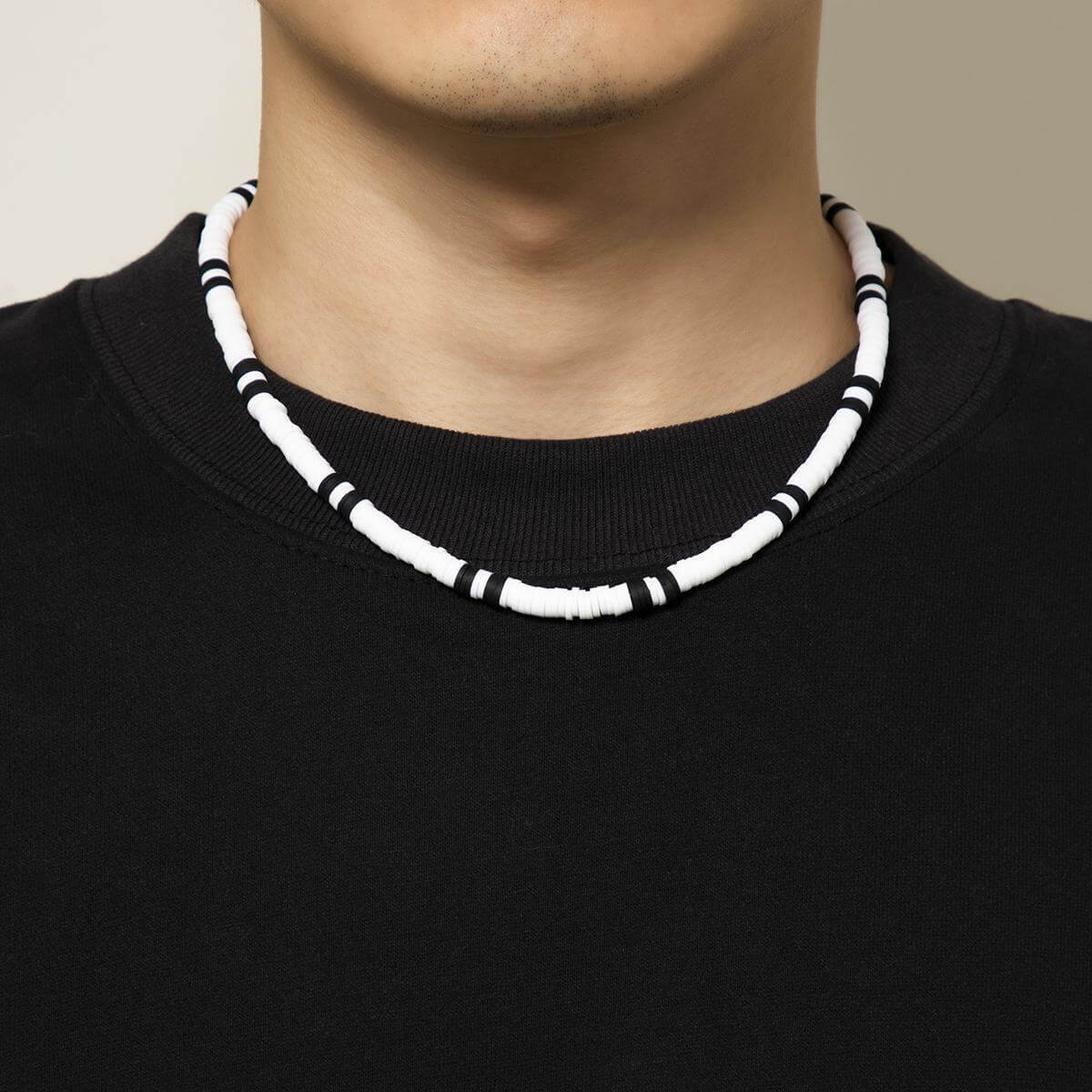 THE MEN THING Pearl / Bead Necklace WHITE EARTHY APPEAL - Beaded Necklace - Black & White Beaded Necklace for Men & Boys (20 inch with adjustable cable chain)