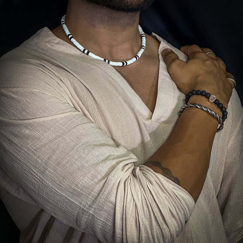 THE MEN THING Pearl / Bead Necklace WHITE EARTHY APPEAL - Beaded Necklace - Black & White Beaded Necklace for Men & Boys (20 inch with adjustable cable chain)