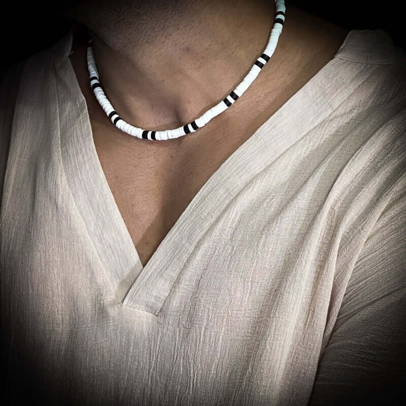 THE MEN THING Pearl / Bead Necklace WHITE EARTHY APPEAL - Beaded Necklace - Black & White Beaded Necklace for Men & Boys (20 inch with adjustable cable chain)