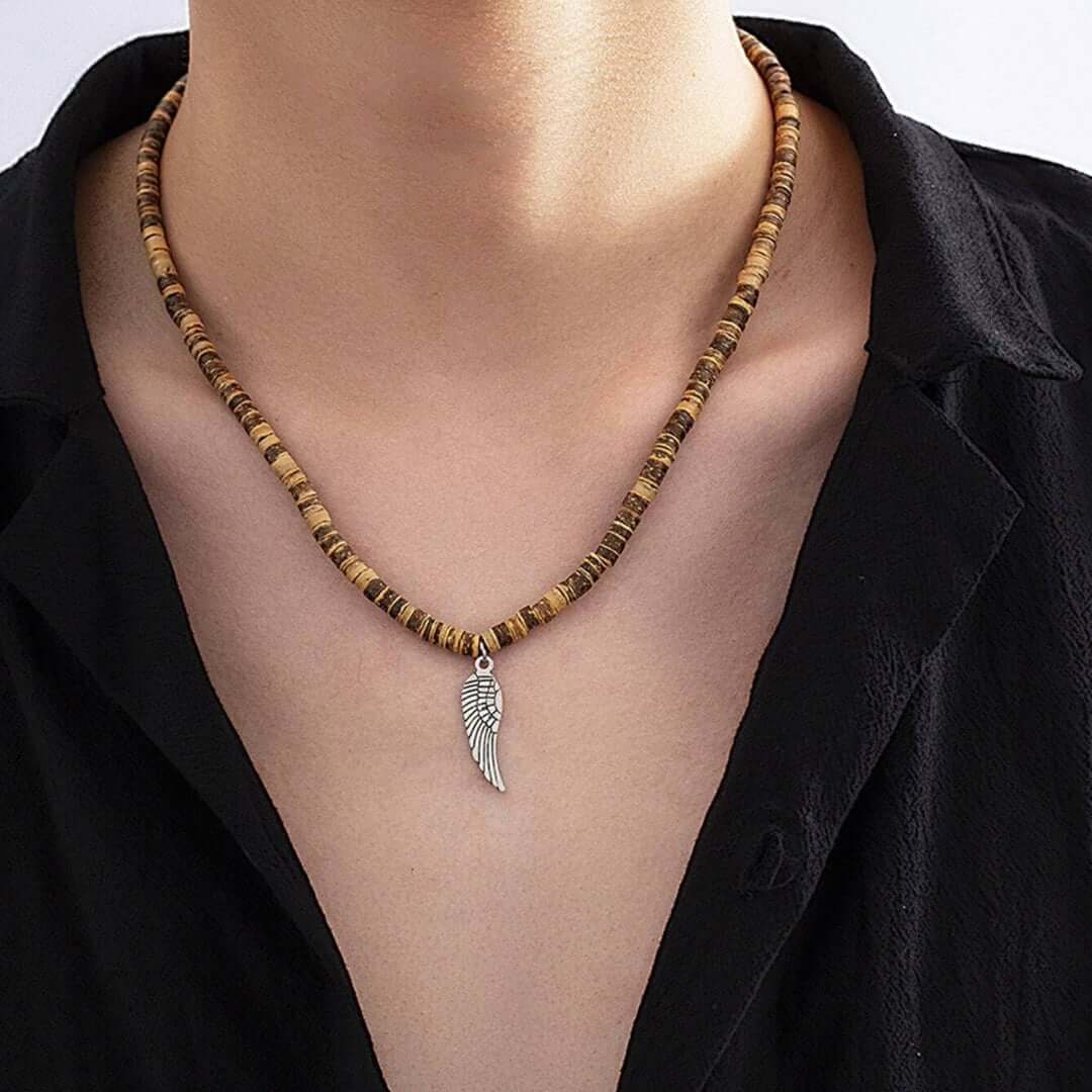 THE MEN THING Pearl / Bead Necklace WILDWOOD BOHO - Wooden Bead with Feather Pendant Men's Necklace for Men and Boys (24 Inch)