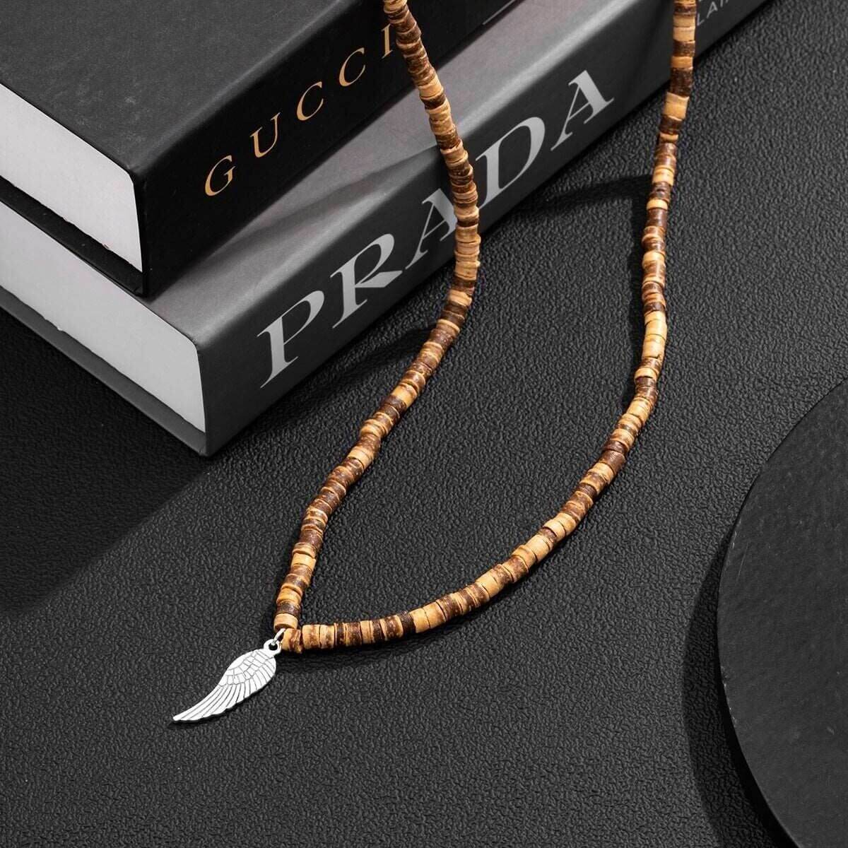 THE MEN THING Pearl / Bead Necklace WILDWOOD BOHO - Wooden Bead with Feather Pendant Men's Necklace for Men and Boys (24 Inch)