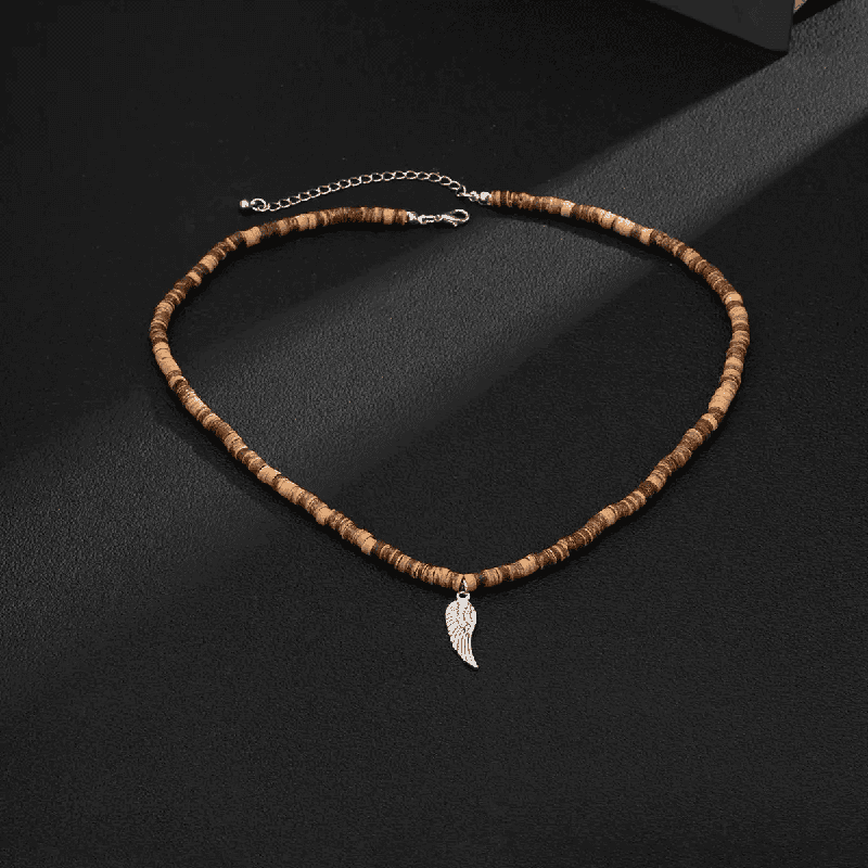 THE MEN THING Pearl / Bead Necklace WILDWOOD BOHO - Wooden Bead with Feather Pendant Men's Necklace for Men and Boys (24 Inch)