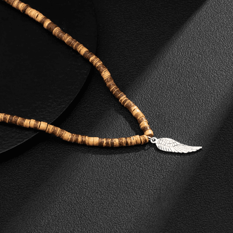 THE MEN THING Pearl / Bead Necklace WILDWOOD BOHO - Wooden Bead with Feather Pendant Men's Necklace for Men and Boys (24 Inch)