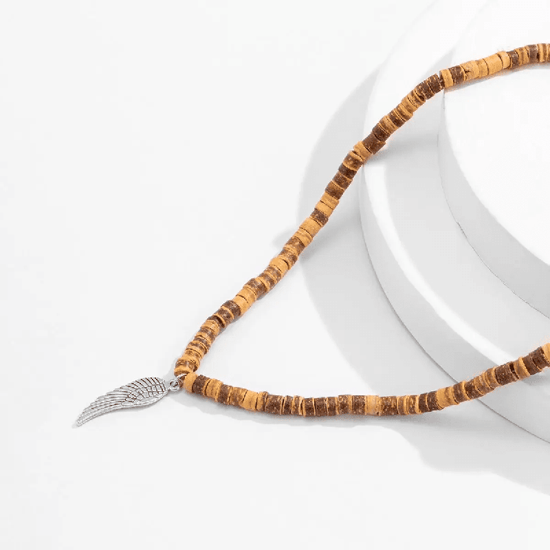 THE MEN THING Pearl / Bead Necklace WILDWOOD BOHO - Wooden Bead with Feather Pendant Men's Necklace for Men and Boys (24 Inch)