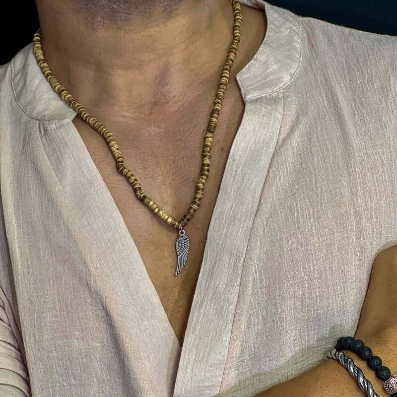 THE MEN THING Pearl / Bead Necklace WILDWOOD BOHO - Wooden Bead with Feather Pendant Men's Necklace for Men and Boys (24 Inch)