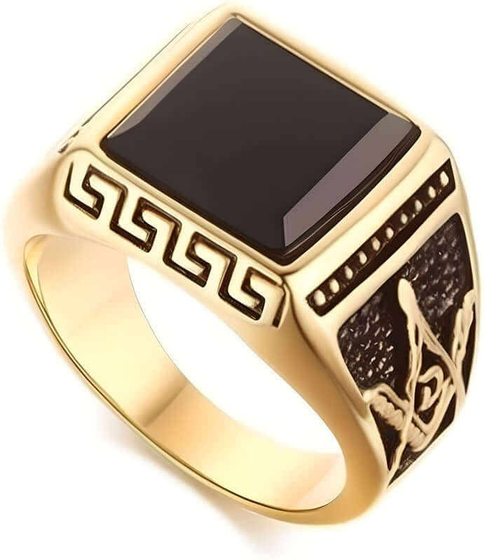 THE MEN THING Rings 17 / Gold Tone Cubic Zirconia CUBIC ZIRCONIA - Ring for Men (Steel Colour) , Luxury Thick Solid Titanium Steel Ring Steel with Oval/Square Gemstone (Size: 17,20,26)