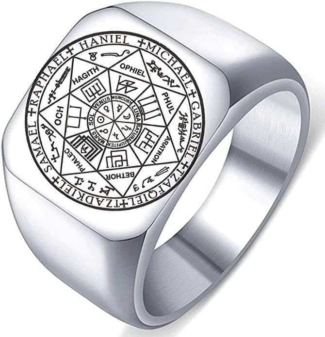 THE MEN THING Rings 17 / Silver Toned - Titanium Steel 7PROTECT - Titanium Steel Ring | The Seals of The Seven Archangels Protection for Mens (Size : 17, 20, 26)