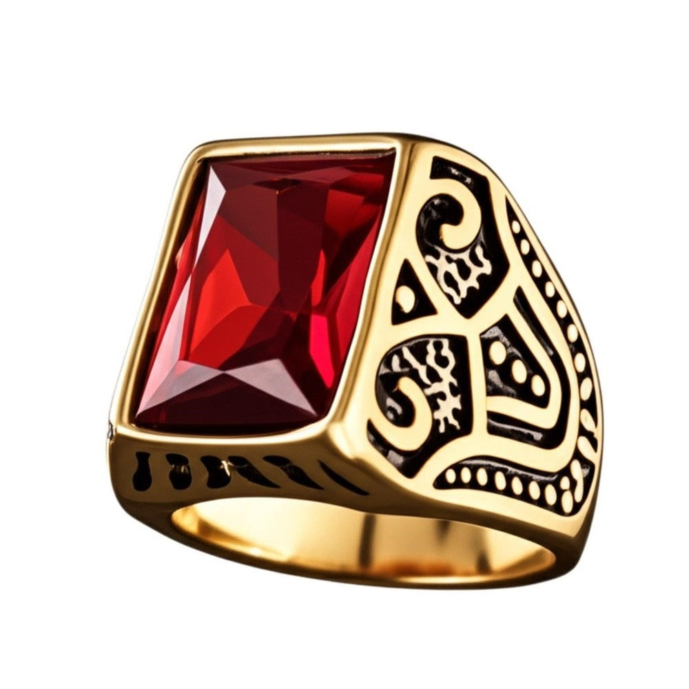 THE MEN THING Rings 18 Royal Series - RED VALOR RING - Pure Stainless Steel Men’s Gold-Red Stone-Plated Ring – Statement Luxury Jewelry (Size : 18-21-23)