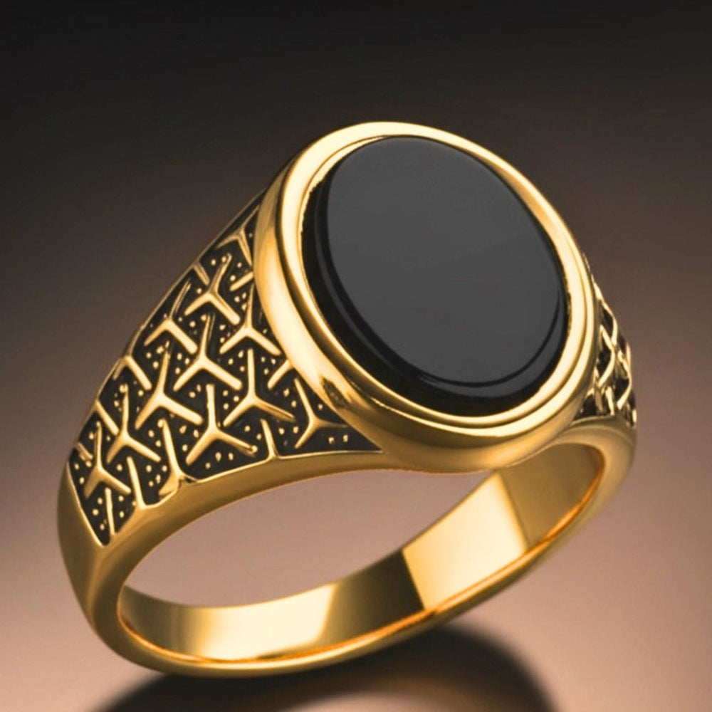 THE MEN THING Rings 19 Royal Series - CONYX STAR RING - Pure Stainless Steel Men’s Gold-Plated Ring – Statement Luxury Jewelry (Size : 19-21-23)