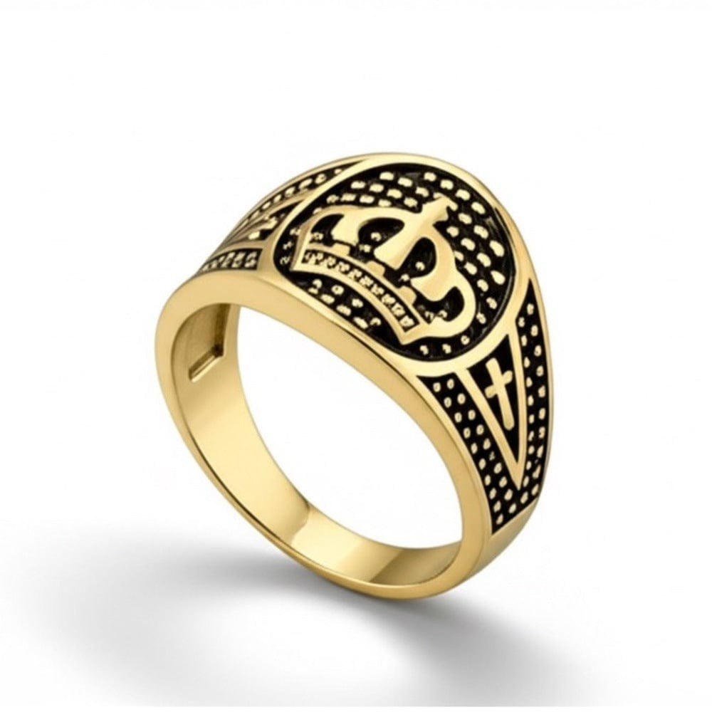 THE MEN THING Rings 19 Royal Series - CROWN VALOR RING - Pure Stainless Steel Men’s Gold-Plated Crown Ring – Statement Luxury Jewelry (Size : 19-22-24)