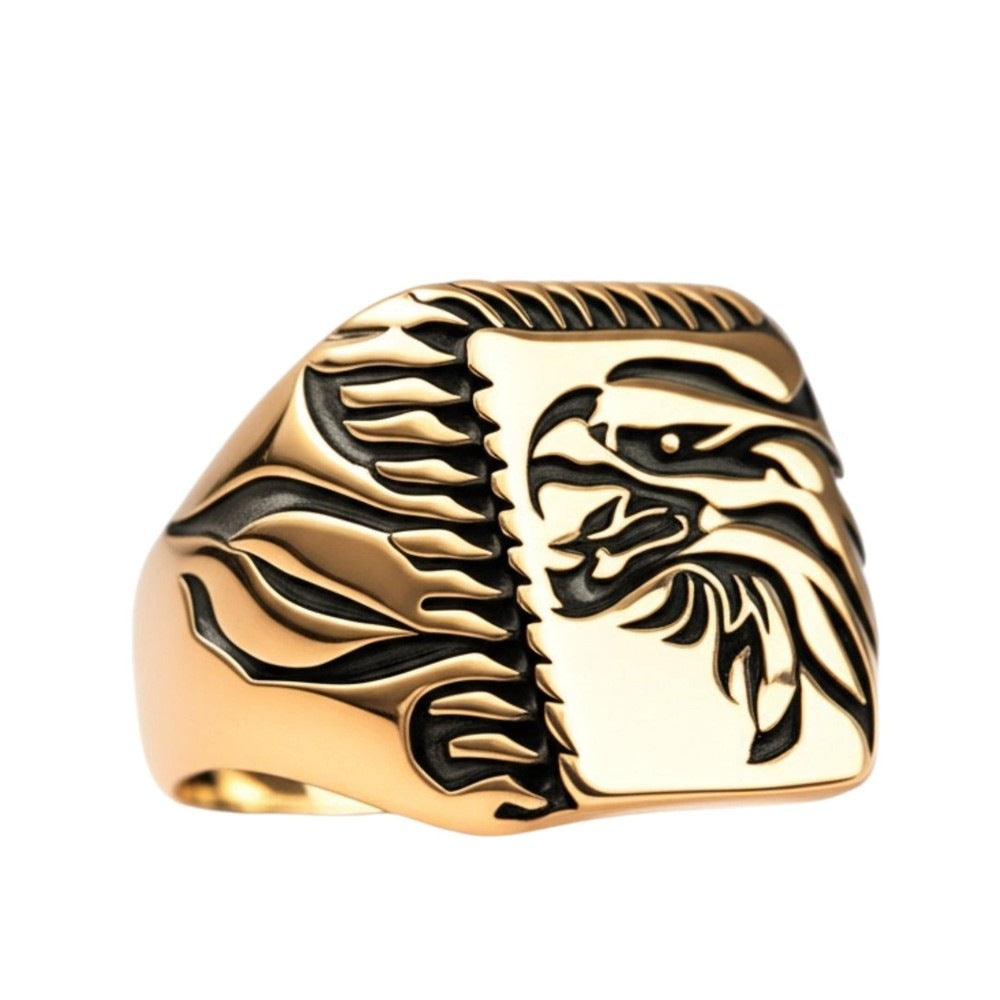 THE MEN THING Rings 19 Royal Series - EAGLE FIRE RING - Pure Stainless Steel Men’s Gold-Plated Ring – Statement Luxury Jewelry (Size : 19-22-25)