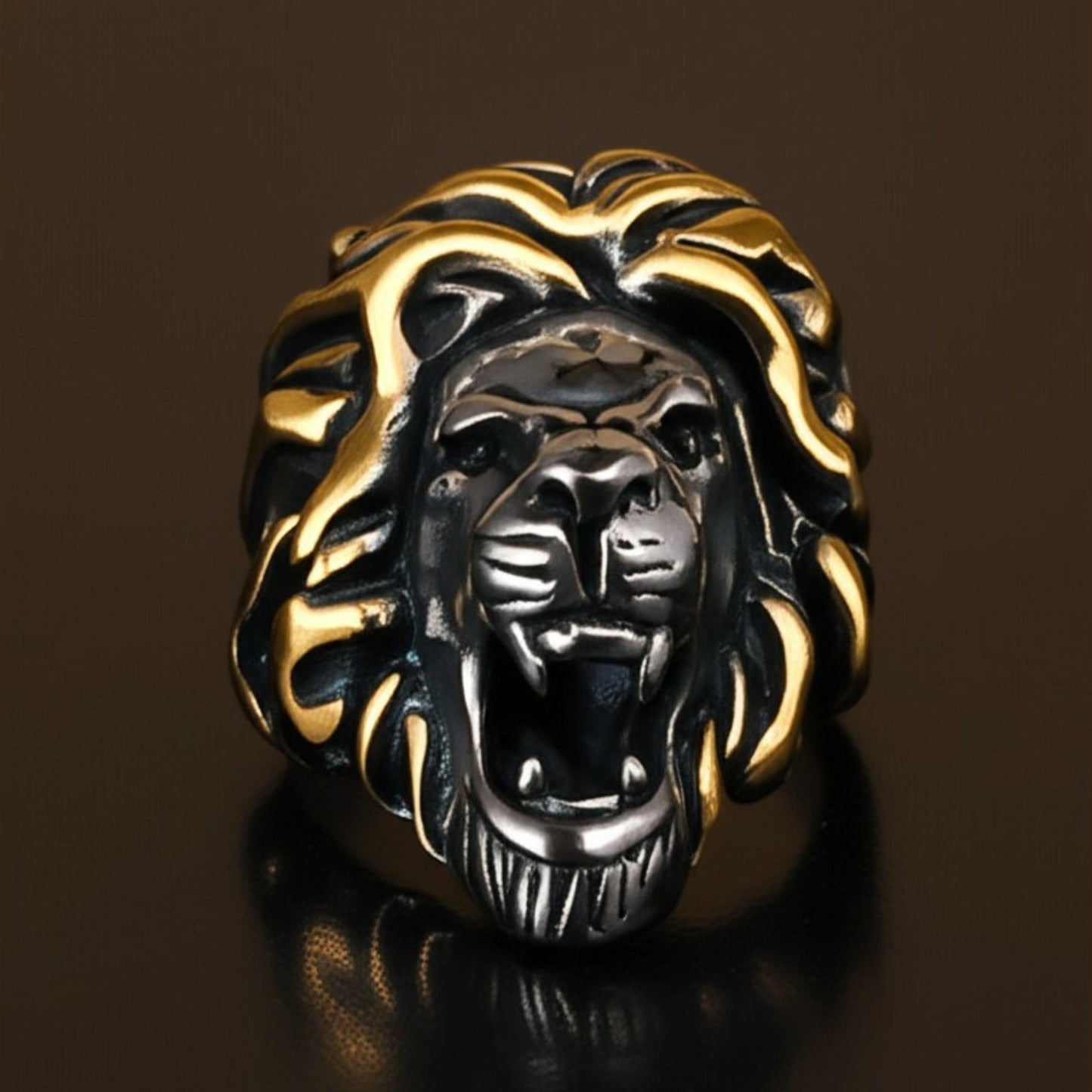 THE MEN THING Rings 19 Royal Series - THE KING ROAR RING - Pure Stainless Steel Men’s Steel-Gold-Plated Ring – Statement Luxury Jewelry (Size : 19-22-25)