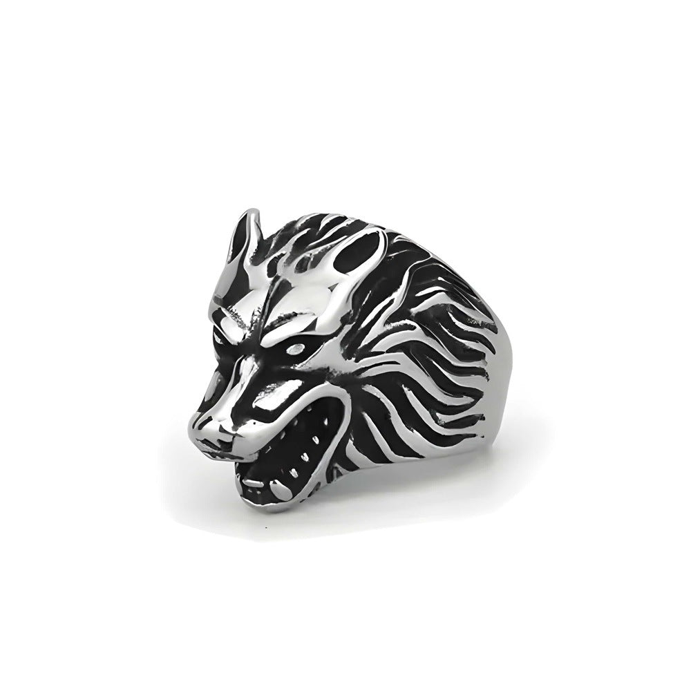 THE MEN THING Rings ALPHA WOLF KING RING - Pure Stainless Steel Men’s Steel-Plated Ring – Statement Luxury Jewelry (Size : 18-21-24)