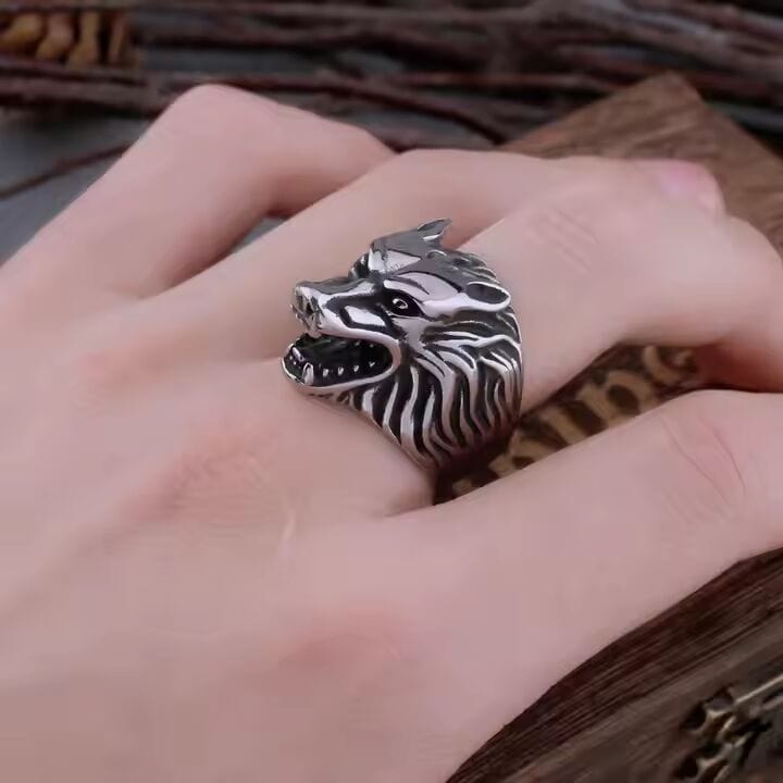 THE MEN THING Rings ALPHA WOLF KING RING - Pure Stainless Steel Men’s Steel-Plated Ring – Statement Luxury Jewelry (Size : 18-21-24)