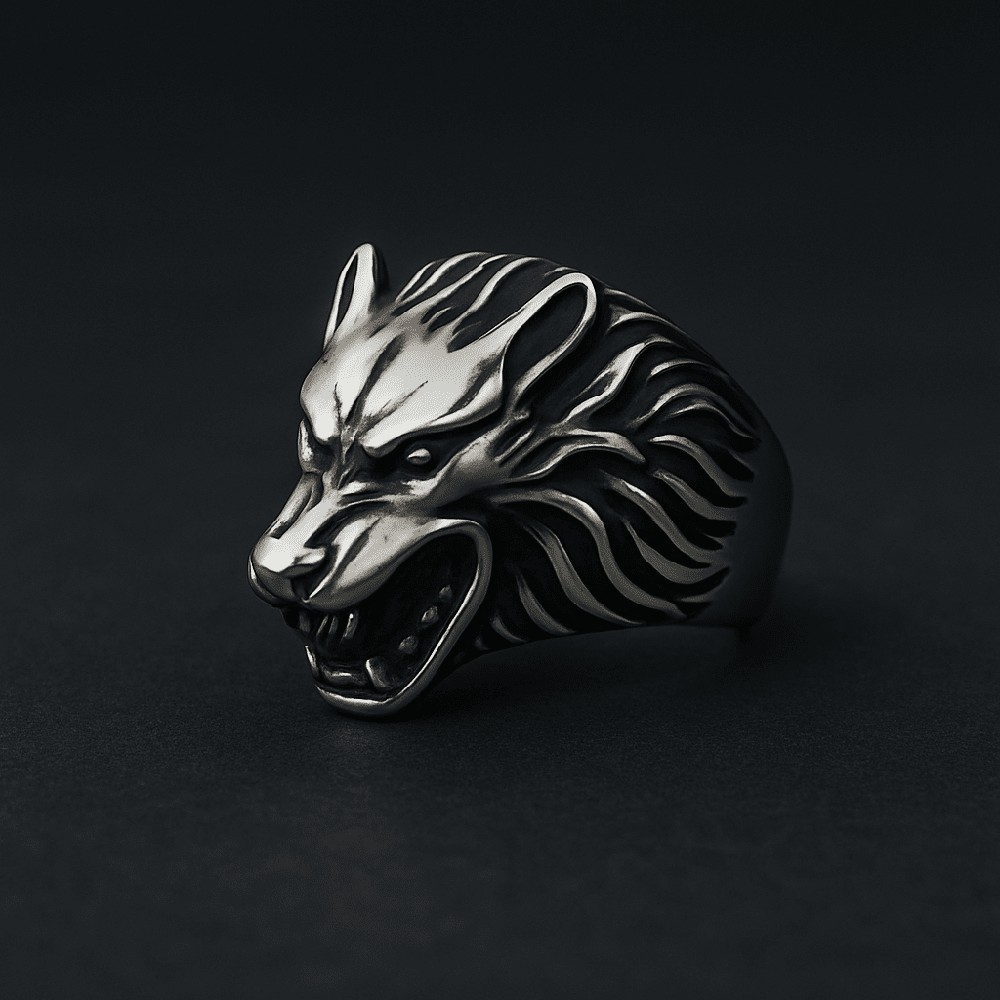 THE MEN THING Rings ALPHA WOLF KING RING - Pure Stainless Steel Men’s Steel-Plated Ring – Statement Luxury Jewelry (Size : 18-21-24)
