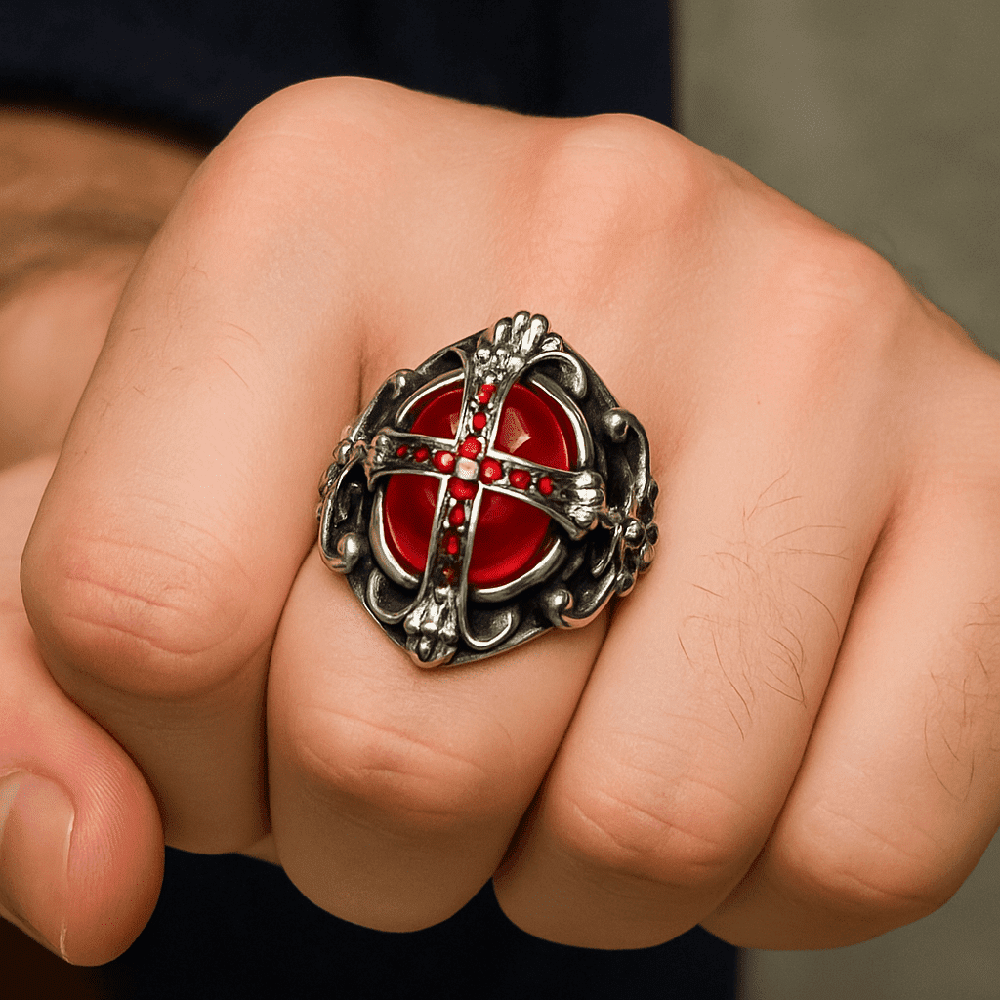 THE MEN THING Rings CRIMSON CREST RING - Pure Stainless Steel Men’s Steel-Plated Ring – Statement Luxury Jewelry (Size : 18-21-24)