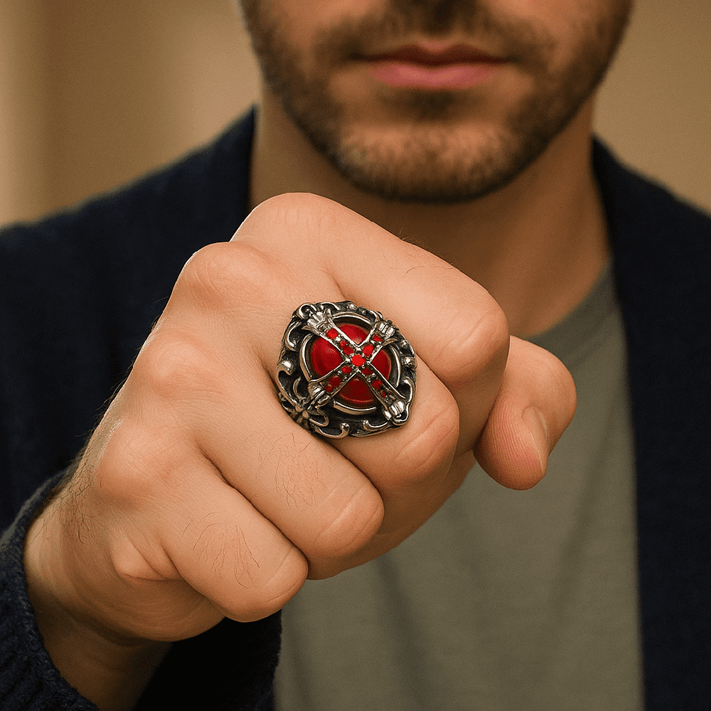 THE MEN THING Rings CRIMSON CREST RING - Pure Stainless Steel Men’s Steel-Plated Ring – Statement Luxury Jewelry (Size : 18-21-24)