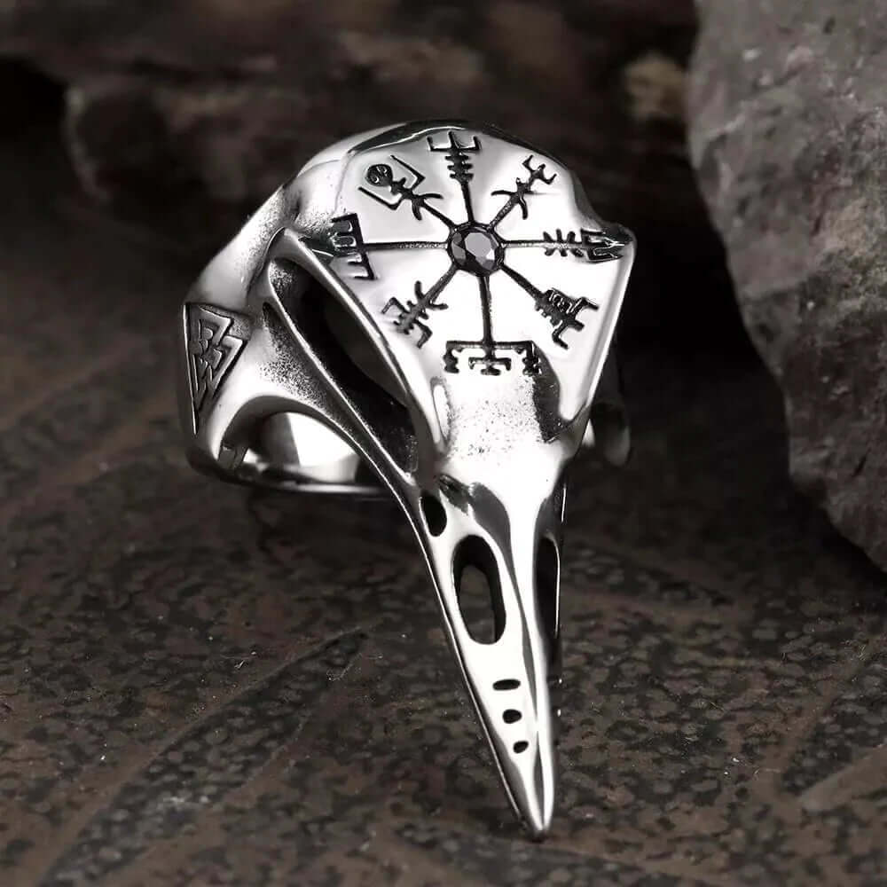 THE MEN THING Rings CROW SKULL VIKING - Titanium Steel Ring with Black Stone - Size, 17-21- 24)