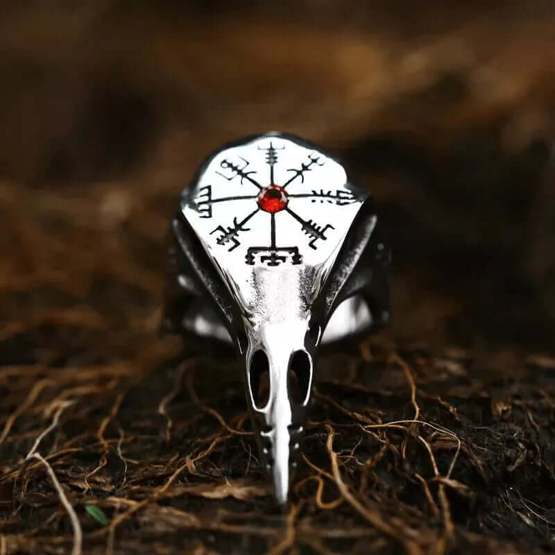 THE MEN THING Rings CROW SKULL VIKING - Titanium Steel Ring with Red Stone - Size 17-21- 24)