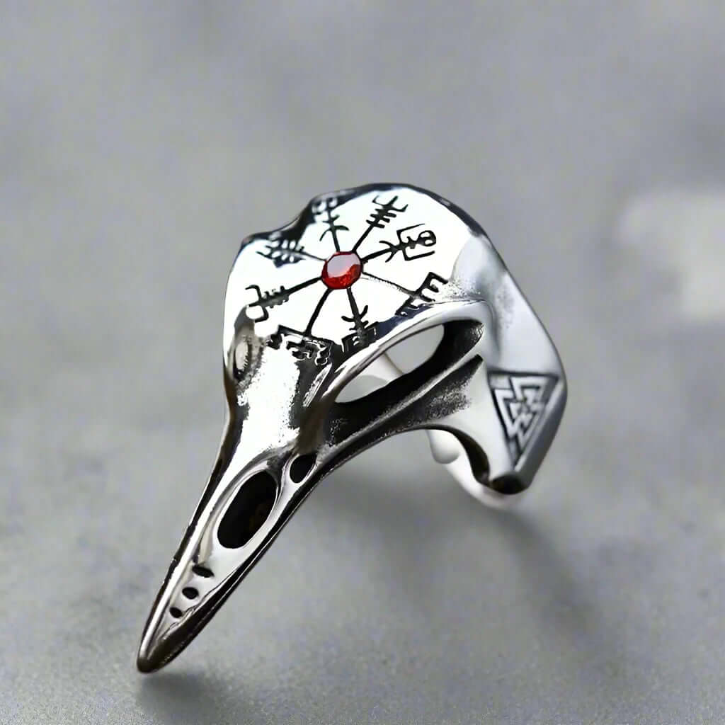 THE MEN THING Rings CROW SKULL VIKING - Titanium Steel Ring with Red Stone - Size 17-21- 24)