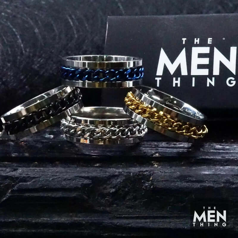THE MEN THING Rings FIDGET SPINNER - 4Pcs Pure Stainless Steel Rings, American trending Style - Anxiety Relief Rings for Men & Boys (8mm) Size 16