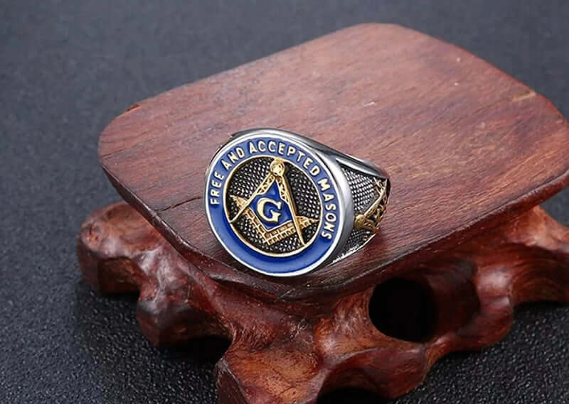 THE MEN THING Rings MASONIC SIGNET - Pure Titanium Rings For Men, Luxury Style, Blue Gold Tone (Size : 17-21- 24)