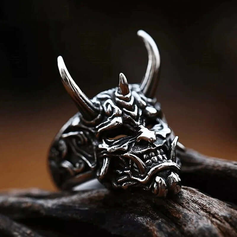 THE MEN THING Rings PRAJNA DEMON MASK - Black Oxy Pure Titanium Steel Rings For Men (Size : 17-21- 24-26)