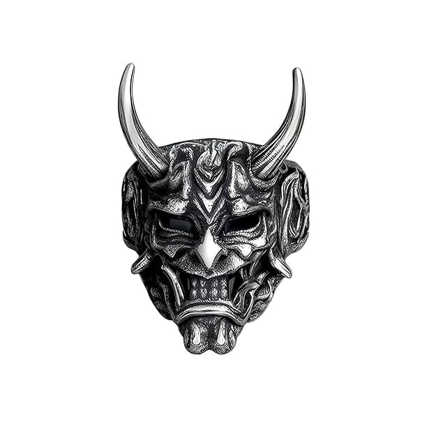 THE MEN THING Rings PRAJNA DEMON MASK - Black Oxy Pure Titanium Steel Rings For Men (Size : 17-21- 24-26)