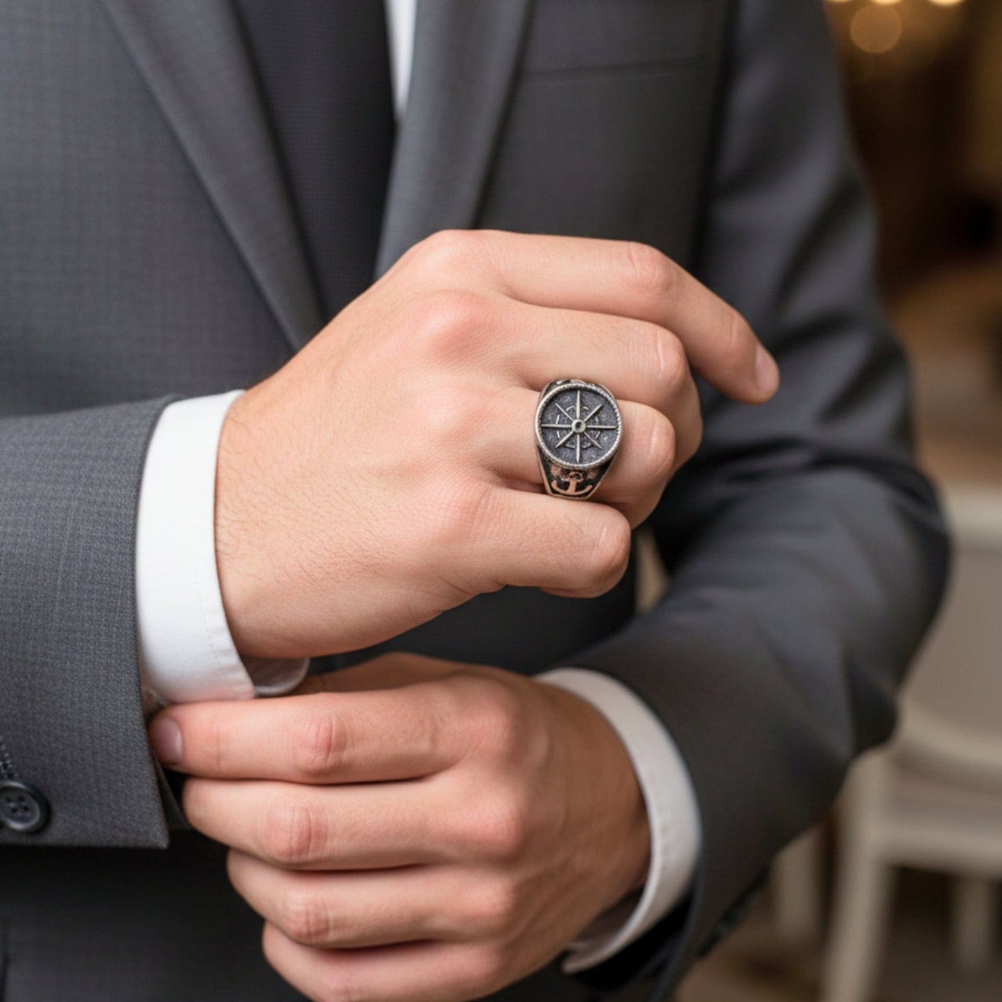THE MEN THING Rings Royal Series - ANCHOR NORTH RING - Pure Stainless Steel Men’s Steel-Plated Ring – Statement Luxury Jewelry (Size : 19-22-24-28-30)